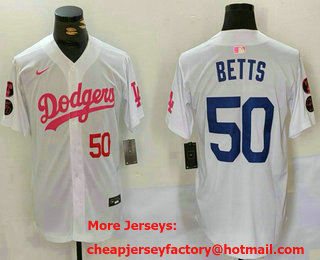 Men's Los Angeles Dodgers #50 Mookie Betts Number White Pink With Patch Limited Stitched Jersey