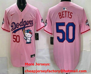 Men's Los Angeles Dodgers #50 Mookie Betts Pink Hello Kitty 2025 World Series Champions Limited Jersey