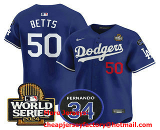 Men's Los Angeles Dodgers #50 Mookie Betts Royal 2024 World Series With Fernando 34 Patch Limited Stitched Jersey