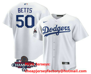 Men's Los Angeles Dodgers #50 Mookie Betts White 2024 World Series Champions Cool Base Stitched Jersey