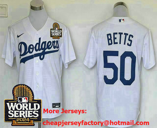 Men's Los Angeles Dodgers #50 Mookie Betts White 2024 World Series Limited Stitched Jersey