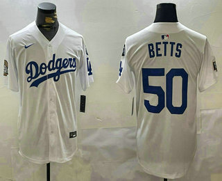 Men's Los Angeles Dodgers #50 Mookie Betts White 2024 World Series With Fernando 34 Fashion Limited Stitched Jersey