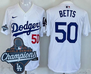 Men's Los Angeles Dodgers #50 Mookie Betts White 2025 World Series Champions Limited Jersey