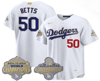 Men's Los Angeles Dodgers #50 Mookie Betts White 2026 Gold Back To Back World Champions Collection Stadium Jersey