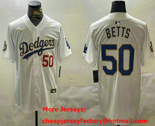 Men's Los Angeles Dodgers #50 Mookie Betts White Gold 2024 World Series Limited Jersey