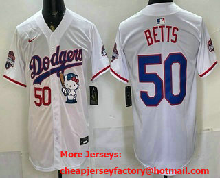Men's Los Angeles Dodgers #50 Mookie Betts White Hello Kitty 2025 World Series Champions Limited Jersey