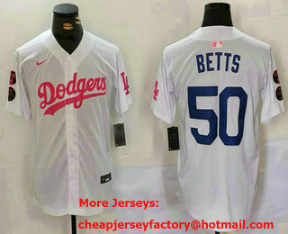 Men's Los Angeles Dodgers #50 Mookie Betts White Pink With Patch Limited Stitched Jersey
