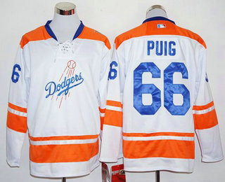 Men's Los Angeles Dodgers #66 Yasiel Puig White Alternate Long Sleeve Baseball Jersey