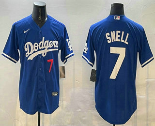 Men's Los Angeles Dodgers #7 Blake Snell Number Blue Cool Base Stitched Jersey