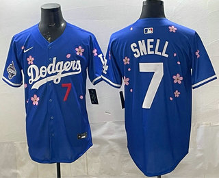 Men's Los Angeles Dodgers #7 Blake Snell Royal 2025 World Series Champions Patch Tokyo Series Limited Stitched Jersey