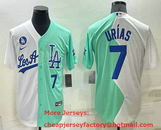Men's Los Angeles Dodgers #7 Julio Urias White Green Number 2022 Celebrity Softball Game Cool Base Jersey 01