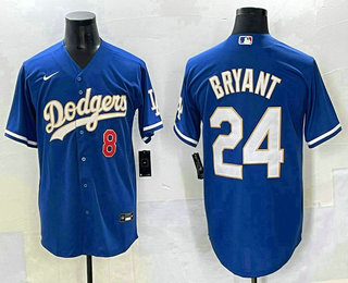 Men's Los Angeles Dodgers #8 24 Kobe Bryant Blue Gold Stitched Cool Base Nike Jersey