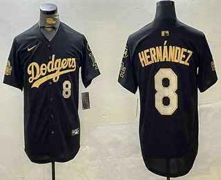 Men's Los Angeles Dodgers #8 Enrique Hernandez Black Gold 2024 World Series 34 Patch Stitched Limited Jersey