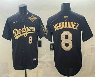 Men's Los Angeles Dodgers #8 Enrique Hernandez Black Gold 2025 World Series Patch Limited Stitched Baseball Jersey