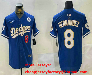 Men's Los Angeles Dodgers #8 Enrique Hernandez Blue Gold 2024 Jackie Robinson 34 Patch Limited Stitched Jersey