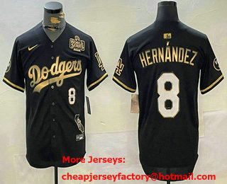 Men's Los Angeles Dodgers #8 Enrique Hernandez Number Black Gold 2024 World Series Stitched Cool Base Jersey