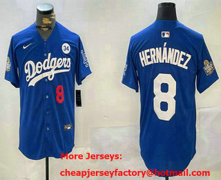 Men's Los Angeles Dodgers #8 Enrique Hernandez Number Blue 2024 World Series With Fernando 34 Patch Limited Stitched Jersey