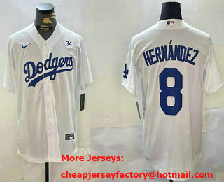 Men's Los Angeles Dodgers #8 Enrique Hernandez White 34 Patch Stitched Cool Base Nike Jersey