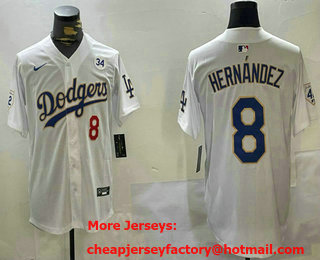 Men's Los Angeles Dodgers #8 Enrique Hernandez White Gold 2024 Jackie Robinson 34 Patch Limited Stitched Jersey