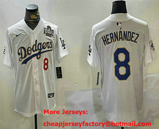 Men's Los Angeles Dodgers #8 Enrique Hernandez White Gold 2024 World Series 34 Patch Limited Stitched Jersey