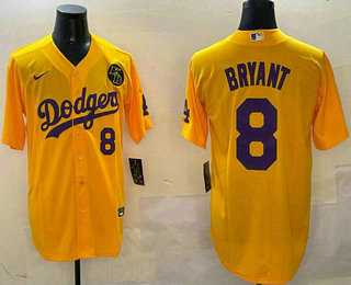 Men's Los Angeles Dodgers #8 Kobe Bryant Yellow KB Patch Stitched MLB Cool Base Nike Jersey