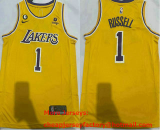 Men's Los Angeles Lakers #1 DAngelo Russell Yellow Edition With 6 Patch Stitched Basketball Jersey