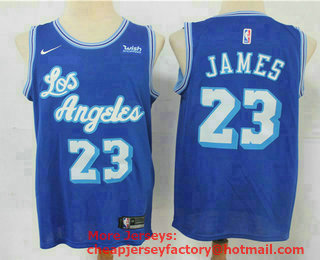 Men's Los Angeles Lakers #23 LeBron James Blue New Latin Nights 2021 Hardwood Classics Jersey With NEW Sponsor Logo