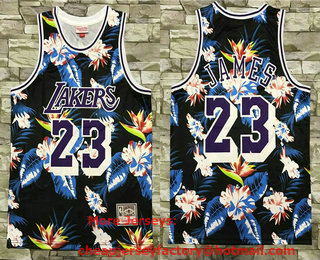 Men's Los Angeles Lakers #23 LeBron James Ness Floral Fashion Hardwood Classics Soul Swingman Throwback Jersey