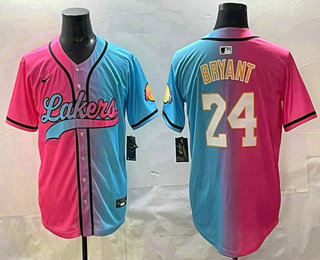 Men's Los Angeles Lakers #24 Kobe Bryant Pink Blue Split Limited Baseball Jersey