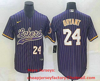 Men's Los Angeles Lakers #24 Kobe Bryant Purple Pinstripe With Patch Cool Base Stitched Baseball Jersey 01