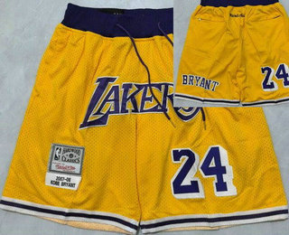Men's Los Angeles Lakers #24 Kobe Bryant Yellow 2007 Just Don Shorts