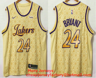Men's Los Angeles Lakers #24 Kobe Bryant Yellow 2021 Nike Swingman Stitched NBA Fashion Jersey With NEW Sponsor Logo