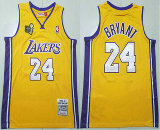 Men's Los Angeles Lakers #24 Kobe Bryant Yellow Champion Patch 2009-10 Hardwood Classics Soul Swingman Throwback Jersey