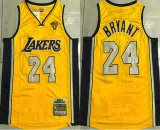 Men's Los Angeles Lakers #24 Kobe Bryant Yellow Finals Patch 2009-10 Hardwood Classics Swingman Throwback Jersey