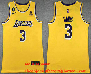 Men's Los Angeles Lakers #3 Anthony Davis Yellow With 6 Patch Stitched Jersey With Sponsor