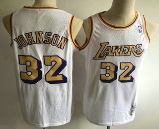 Men's Los Angeles Lakers #32 Magic Johnson White Hardwood Classics Soul Swingman Throwback Jersey 1
