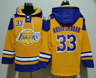 Men's Los Angeles Lakers #33 Kareem Abdul Jabbar Yellow Lace Up Pullover Hoodie