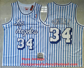 Men's Los Angeles Lakers #34 Shaquille O'Neal White Blue Pinstripe 1996-97 Hardwood Classics Soul Swingman Throwback Jersey