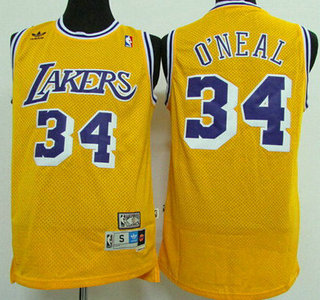 Men's Los Angeles Lakers #34 Shaquille O'neal Yellow Hardwood Classics Soul Swingman Throwback Jersey