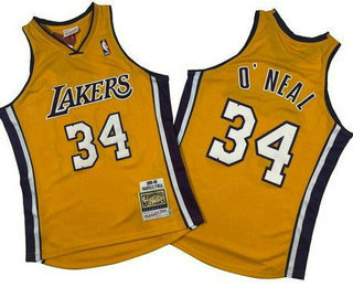 Men's Los Angeles Lakers #34 Shaquille ONeal Yellow 1999 Throwback Swingman Jersey