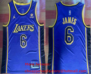 Men's Los Angeles Lakers #6 LeBron James Purple Statement 6 Patch Icon Sponsor Swingman Jersey