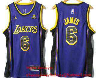 Men's Los Angeles Lakers #6 LeBron James Purple Statement 6 Patch Icon Sponsor Swingman Jersey
