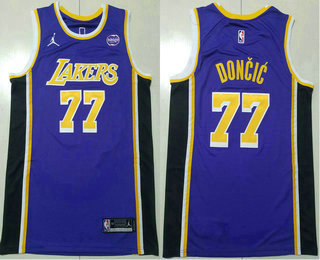 Men's Los Angeles Lakers #77 Luka Doncic Purple Sponsor Jordan Swingman Stitched Jersey
