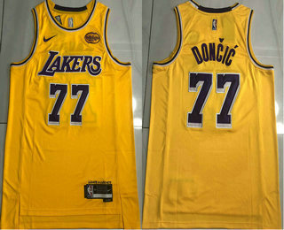 Men's Los Angeles Lakers #77 Luka Doncic Yellow 2025 AU Sponsor Stitched Jersey