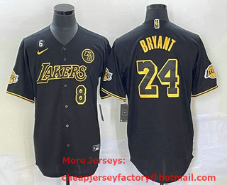 Men's Los Angeles Lakers #8 #24 Kobe Bryant Black With Patch Cool Base Stitched Baseball Jersey 06