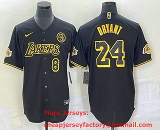 Men's Los Angeles Lakers #8 #24 Kobe Bryant Black With Patch Cool Base Stitched Baseball Jersey 08