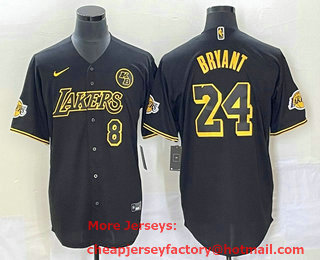 Men's Los Angeles Lakers #8 #24 Kobe Bryant Black With Patch Cool Base Stitched Baseball Jersey 09