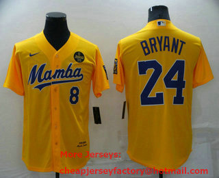 Men's Los Angeles Lakers #8 #24 Kobe Bryant Mamba Yellow Stitched Cool Base Nike Baseball Jersey