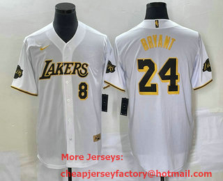 Men's Los Angeles Lakers #8 #24 Kobe Bryant White With Patch Cool Base Stitched Baseball Jersey 03
