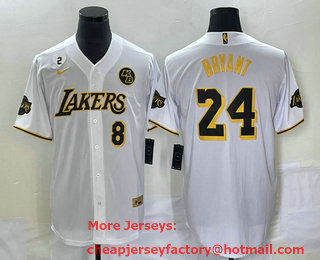 Men's Los Angeles Lakers #8 #24 Kobe Bryant White With Patch Cool Base Stitched Baseball Jersey 06